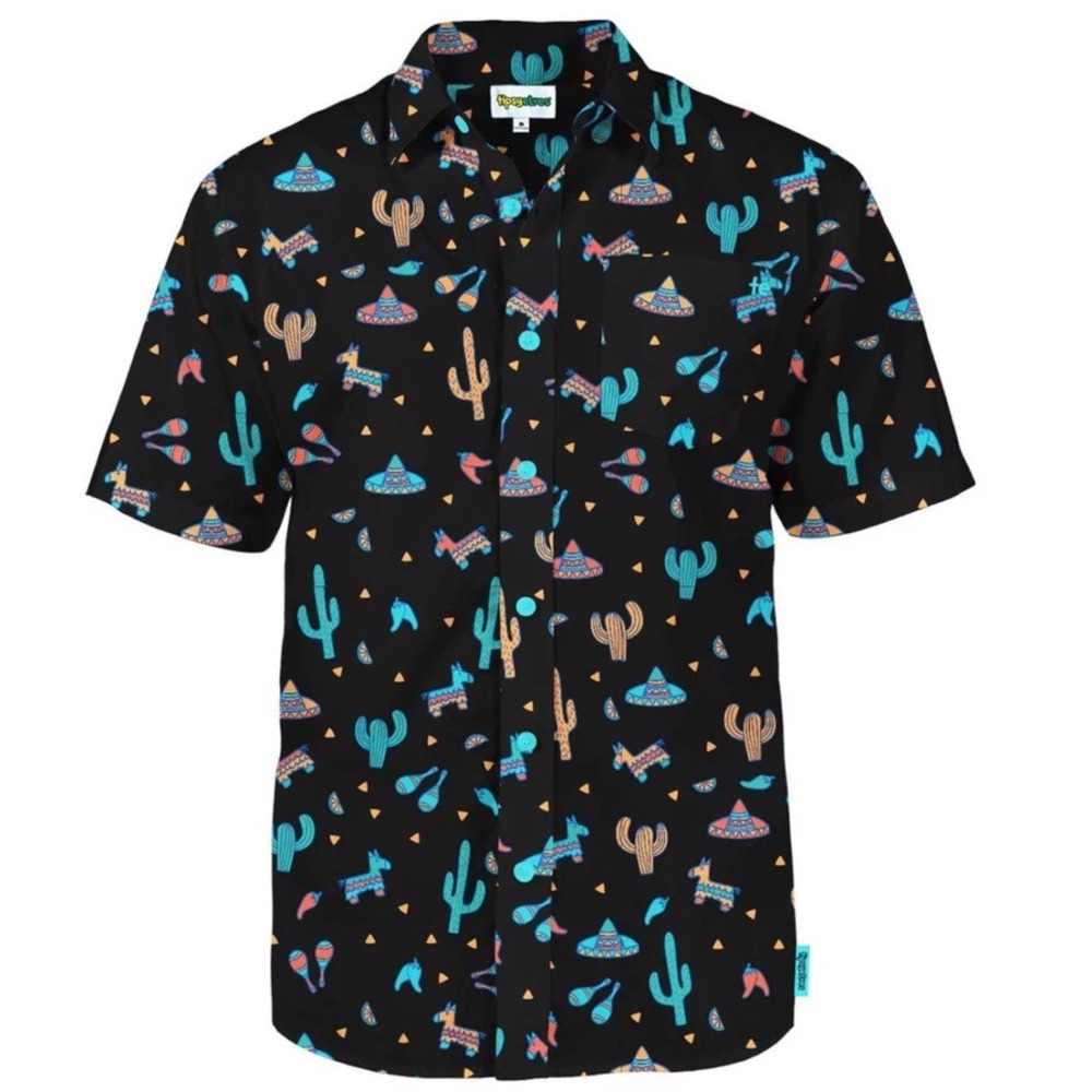 Tipsy Elves Midnight Fiesta Hawaiian Button Down Shirt XL Cactus Sombrero Print